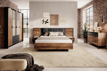 MILTON - Chambre complète avec Lit coffre 160×200cm, chevets intégré, commode et armoire