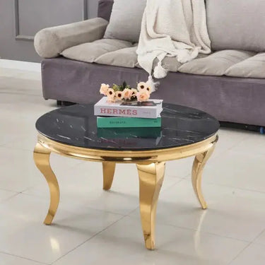 Table Basse Baroque Marbre Rond Pied Argenté - 90x90x45cm