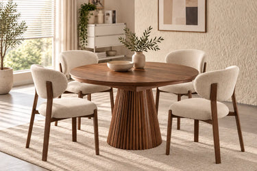 Table ronde CARLA effet noyer avec 4 chaises bouclette