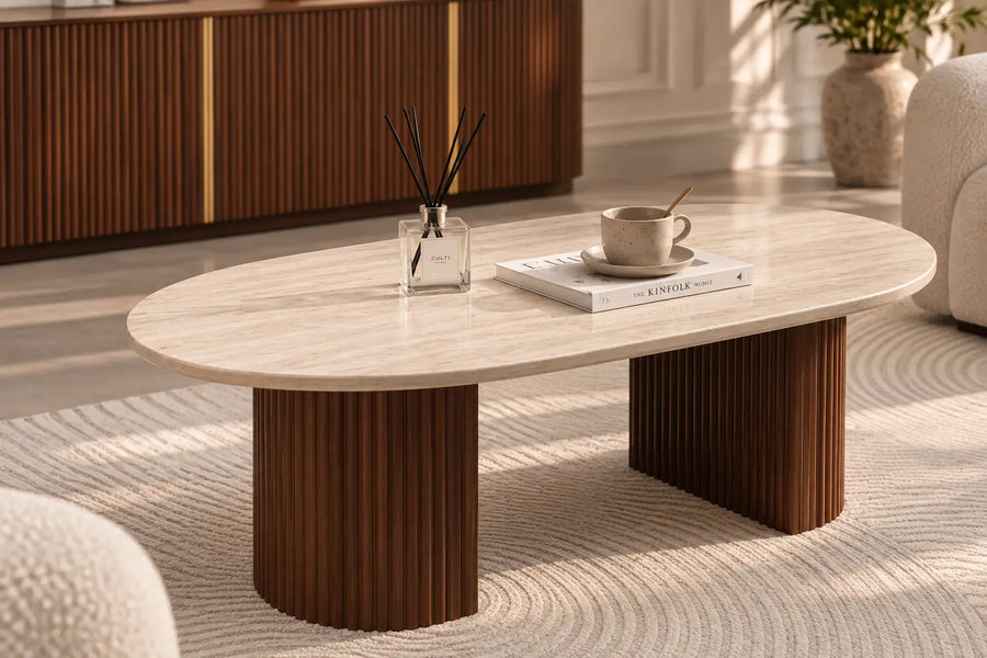 Table Basse Ovale TERRA - Céramique Effet Travertin | Pieds Travertin ou Noyer - 120 x 70 cm