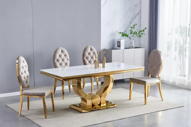 Table à Manger Couronne Marbre Blanc Pieds Dorés 